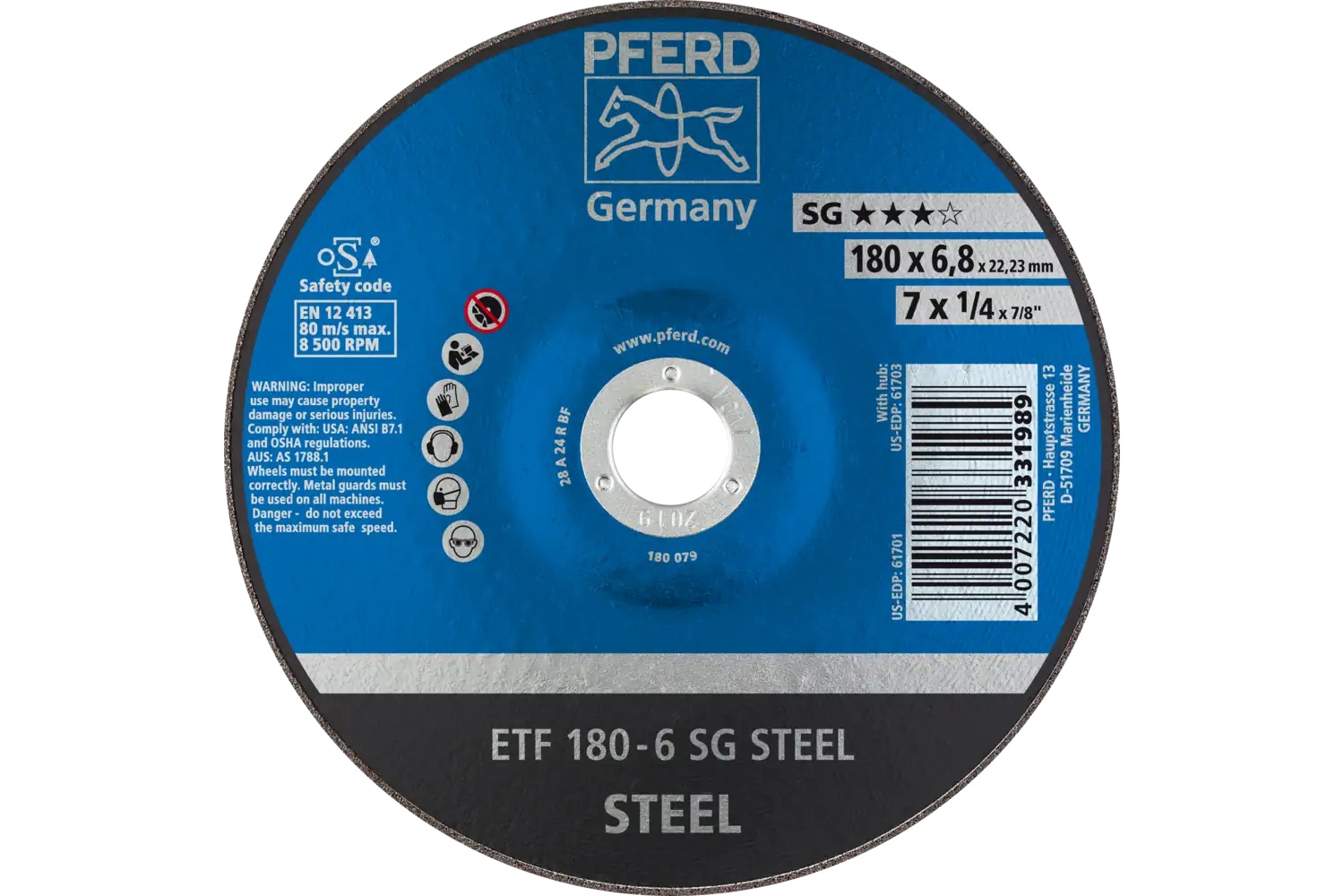 Picture of Pferd Grinding Wheel, 7" X 1/4 X 7/8, Sg Steel, T28, Aluminum Oxide